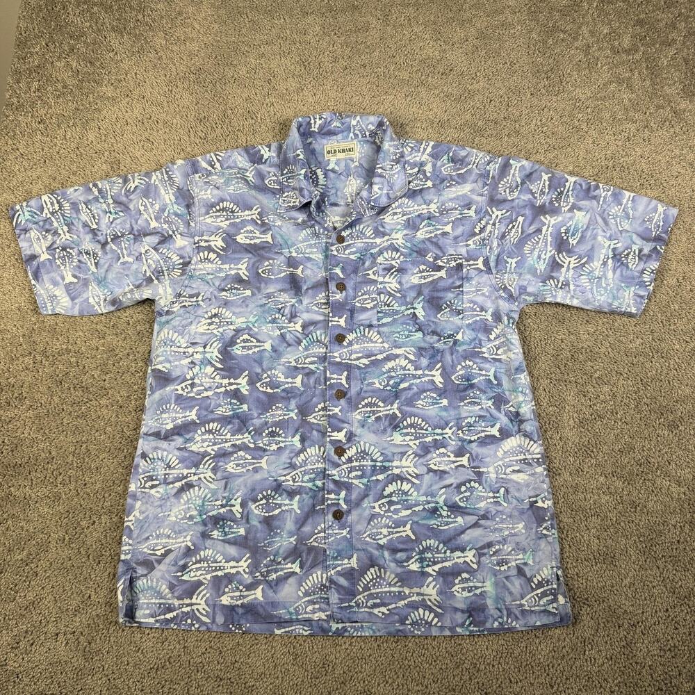 Old Khaki Shirt Mens M Blue Short Sleeve Button Up Tribal Fish Print Pockets